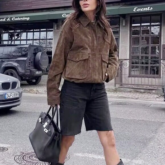 Brown Casual Women's Zip  upfaux Suede Bomber Jacket Coat - Picture 6 of 8